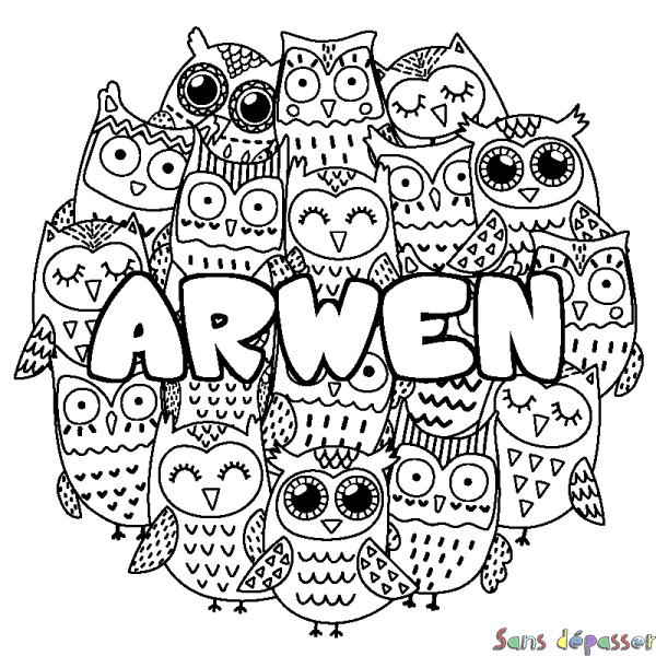 Coloriage pr&eacute;nom ARWEN - d&eacute;cor Chouettes