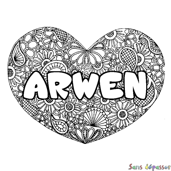 Coloriage pr&eacute;nom ARWEN - d&eacute;cor Mandala coeur
