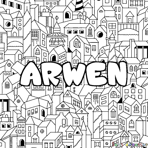 Coloriage pr&eacute;nom ARWEN - d&eacute;cor Ville