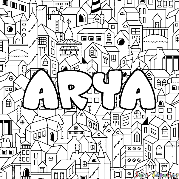 Coloriage prénom ARYA - d&eacute;cor Ville