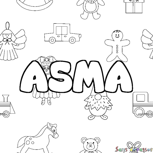 Coloriage pr&eacute;nom ASMA - d&eacute;cor Jouets
