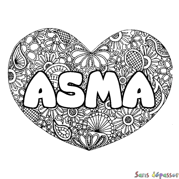 Coloriage prénom ASMA - d&eacute;cor Mandala coeur