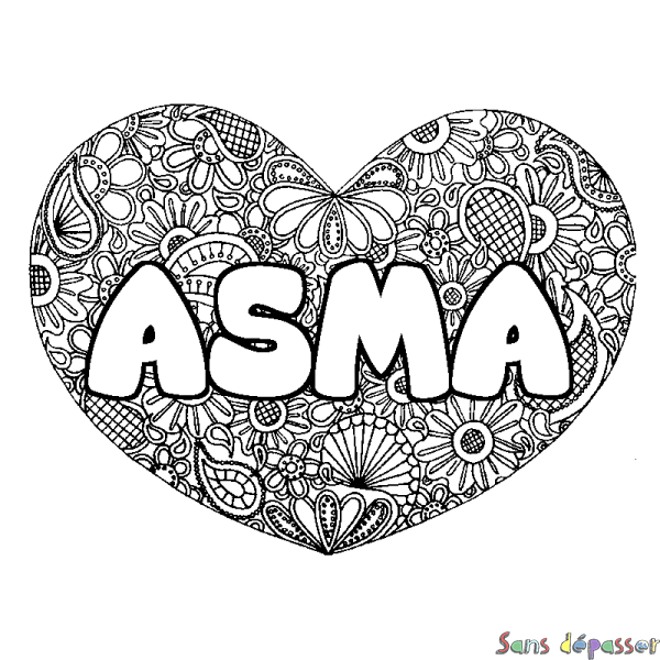 Coloriage pr&eacute;nom ASMA - d&eacute;cor Mandala coeur