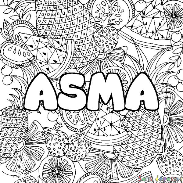 Coloriage pr&eacute;nom ASMA - d&eacute;cor Mandala fruits