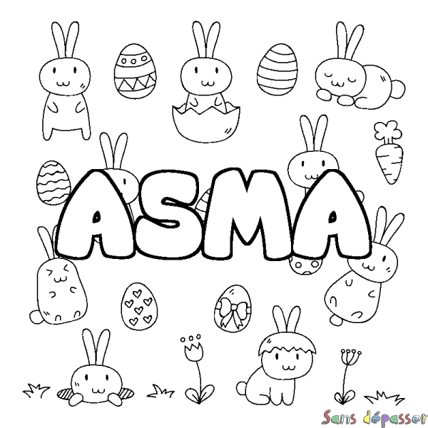 Coloriage pr&eacute;nom ASMA - d&eacute;cor Paques