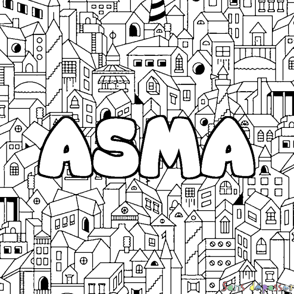 Coloriage pr&eacute;nom ASMA - d&eacute;cor Ville