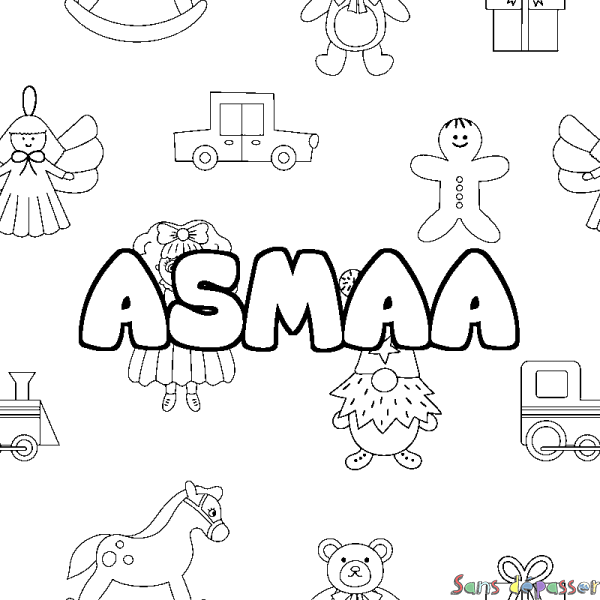 Coloriage pr&eacute;nom ASMAA - d&eacute;cor Jouets