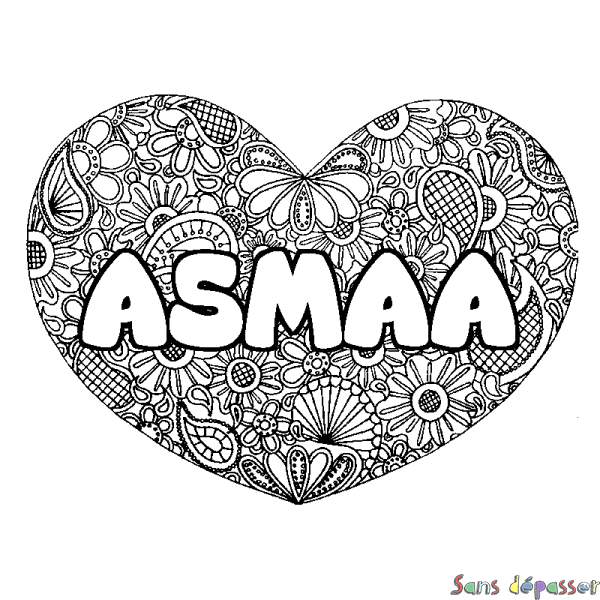Coloriage prénom ASMAA - d&eacute;cor Mandala coeur