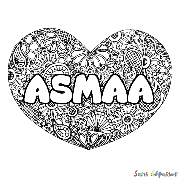Coloriage pr&eacute;nom ASMAA - d&eacute;cor Mandala coeur