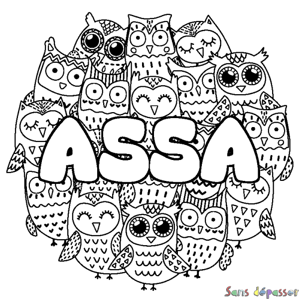 Coloriage pr&eacute;nom ASSA - d&eacute;cor Chouettes