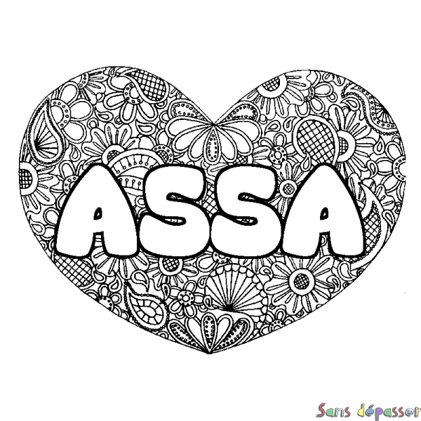 Coloriage pr&eacute;nom ASSA - d&eacute;cor Mandala coeur