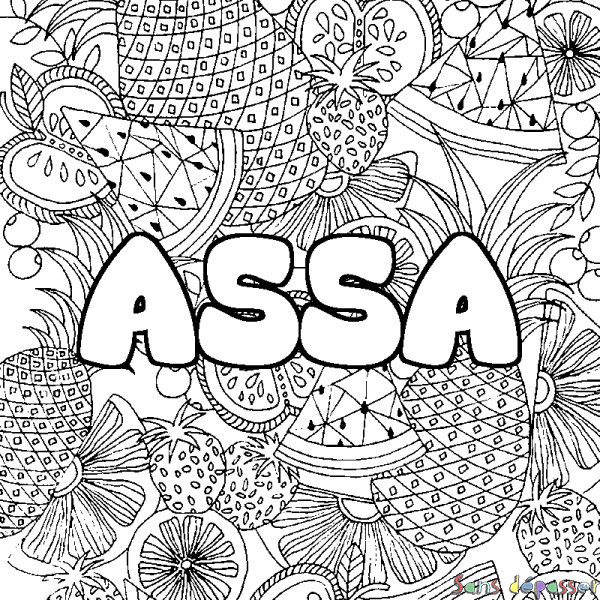 Coloriage pr&eacute;nom ASSA - d&eacute;cor Mandala fruits