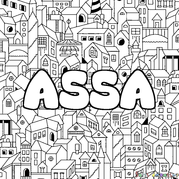 Coloriage pr&eacute;nom ASSA - d&eacute;cor Ville