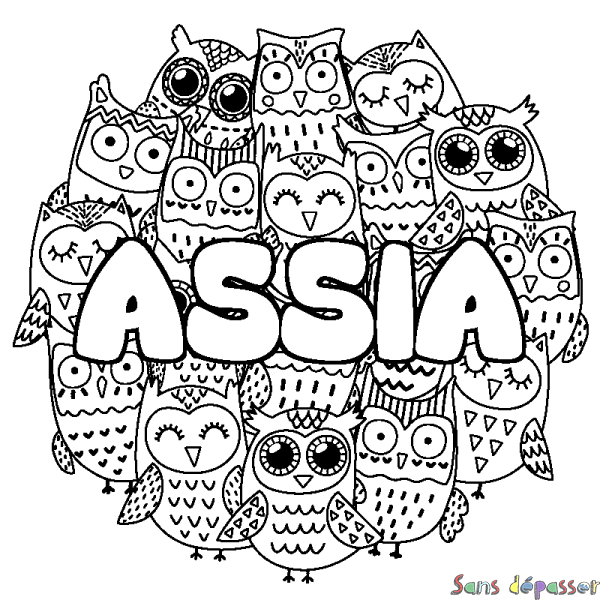 Coloriage pr&eacute;nom ASSIA - d&eacute;cor Chouettes