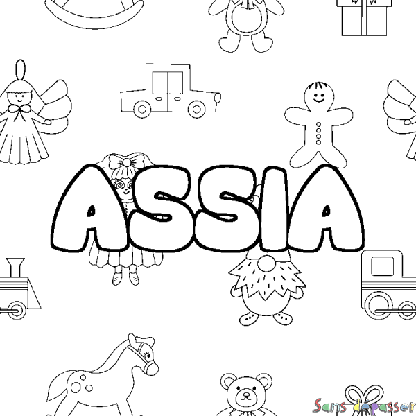 Coloriage pr&eacute;nom ASSIA - d&eacute;cor Jouets