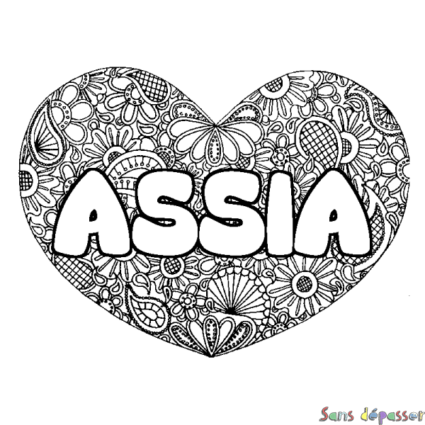 Coloriage pr&eacute;nom ASSIA - d&eacute;cor Mandala coeur