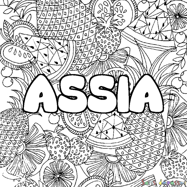 Coloriage pr&eacute;nom ASSIA - d&eacute;cor Mandala fruits