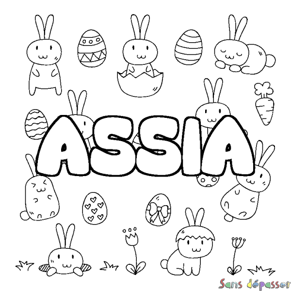 Coloriage pr&eacute;nom ASSIA - d&eacute;cor Paques