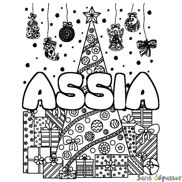 Coloriage pr&eacute;nom ASSIA - d&eacute;cor Sapin et Cadeaux