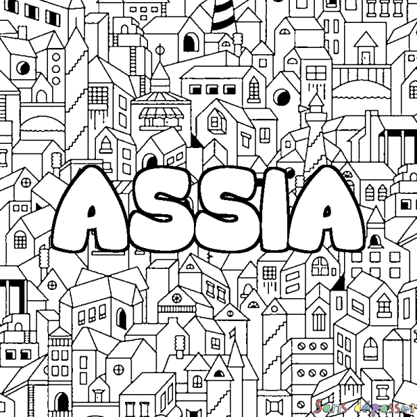 Coloriage pr&eacute;nom ASSIA - d&eacute;cor Ville
