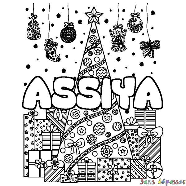 Coloriage prénom ASSIYA - d&eacute;cor Sapin et Cadeaux