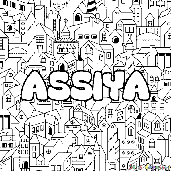Coloriage pr&eacute;nom ASSIYA - d&eacute;cor Ville