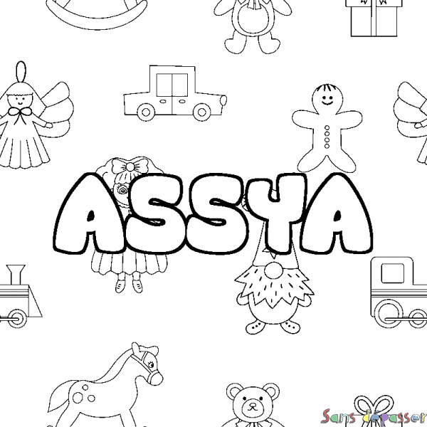 Coloriage pr&eacute;nom ASSYA - d&eacute;cor Jouets