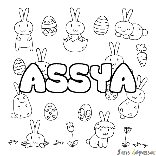 Coloriage pr&eacute;nom ASSYA - d&eacute;cor Paques