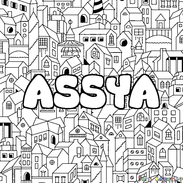 Coloriage pr&eacute;nom ASSYA - d&eacute;cor Ville