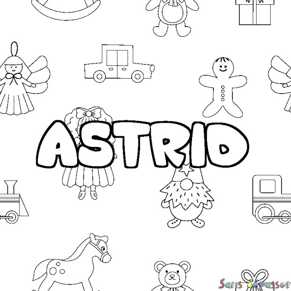 Coloriage pr&eacute;nom ASTRID - d&eacute;cor Jouets