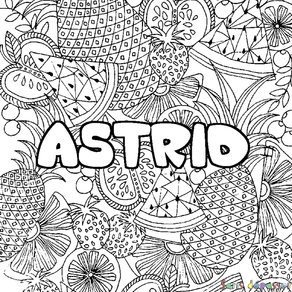 Coloriage pr&eacute;nom ASTRID - d&eacute;cor Mandala fruits