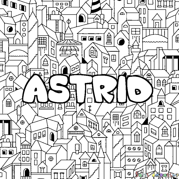 Coloriage pr&eacute;nom ASTRID - d&eacute;cor Ville