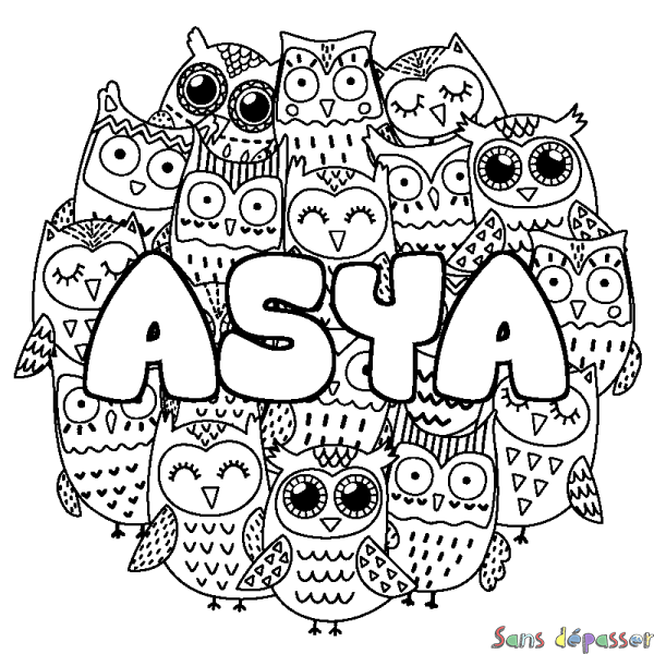 Coloriage pr&eacute;nom ASYA - d&eacute;cor Chouettes