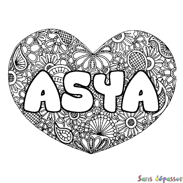 Coloriage pr&eacute;nom ASYA - d&eacute;cor Mandala coeur