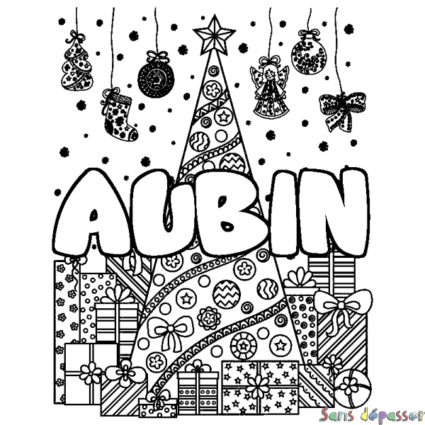 Coloriage prénom AUBIN - d&eacute;cor Sapin et Cadeaux