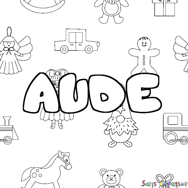 Coloriage pr&eacute;nom AUDE - d&eacute;cor Jouets