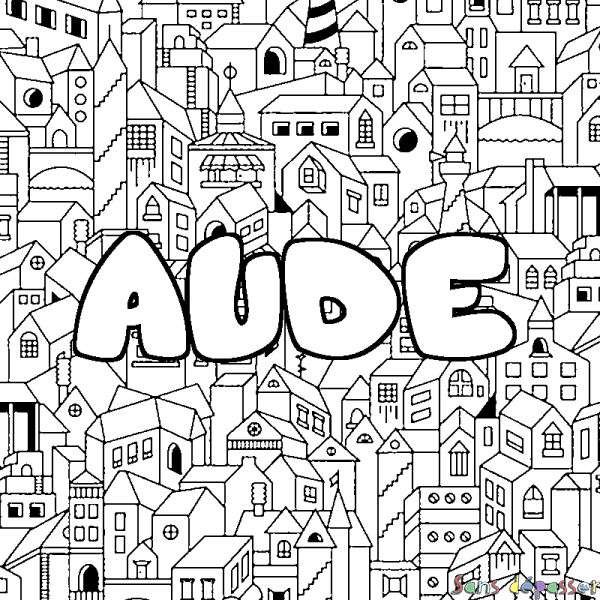 Coloriage pr&eacute;nom AUDE - d&eacute;cor Ville