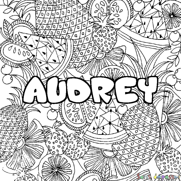 Coloriage pr&eacute;nom AUDREY - d&eacute;cor Mandala fruits