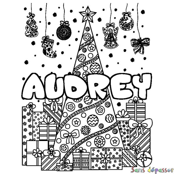 Coloriage pr&eacute;nom AUDREY - d&eacute;cor Sapin et Cadeaux