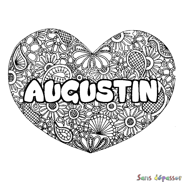 Coloriage pr&eacute;nom AUGUSTIN - d&eacute;cor Mandala coeur