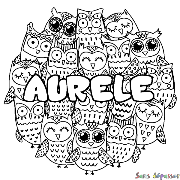 Coloriage pr&eacute;nom AURELE - d&eacute;cor Chouettes