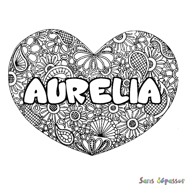 Coloriage prénom AURELIA - d&eacute;cor Mandala coeur