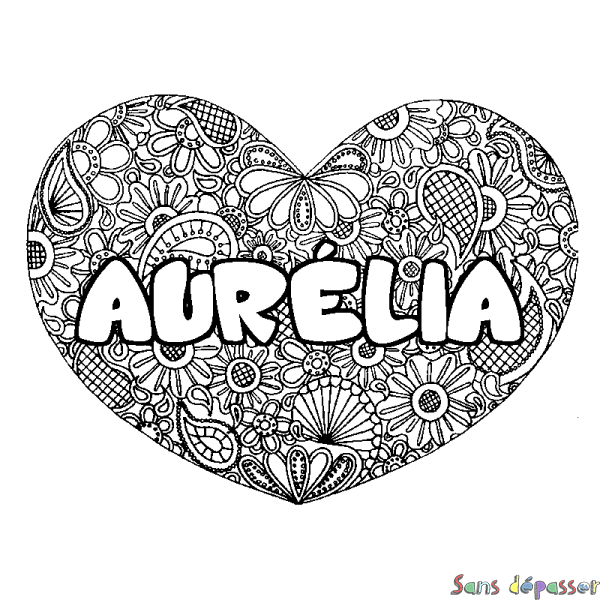 Coloriage pr&eacute;nom AUR&Eacute;LIA - d&eacute;cor Mandala coeur