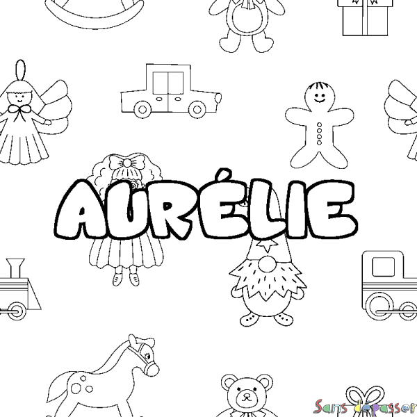 Coloriage pr&eacute;nom AUR&Eacute;LIE - d&eacute;cor Jouets