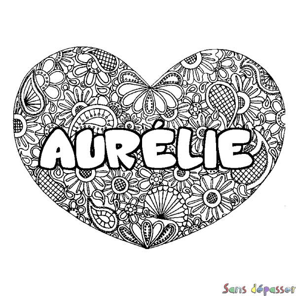 Coloriage pr&eacute;nom AUR&Eacute;LIE - d&eacute;cor Mandala coeur