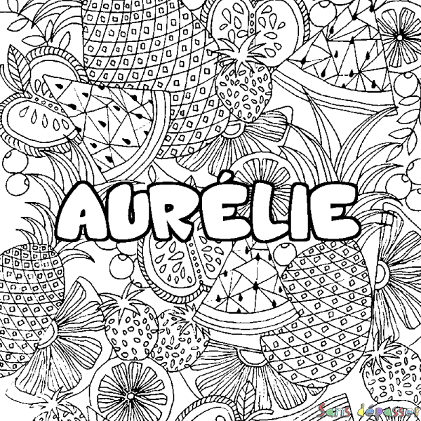 Coloriage pr&eacute;nom AUR&Eacute;LIE - d&eacute;cor Mandala fruits