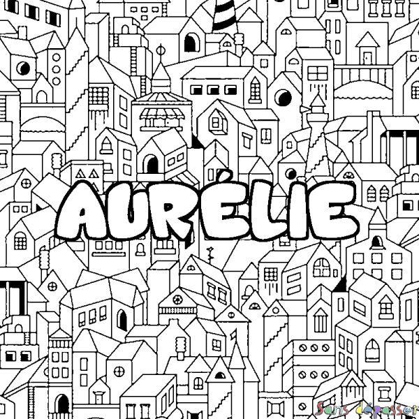 Coloriage pr&eacute;nom AUR&Eacute;LIE - d&eacute;cor Ville