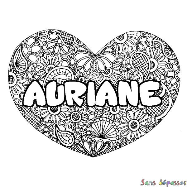 Coloriage pr&eacute;nom AURIANE - d&eacute;cor Mandala coeur