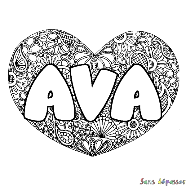 Coloriage pr&eacute;nom AVA - d&eacute;cor Mandala coeur