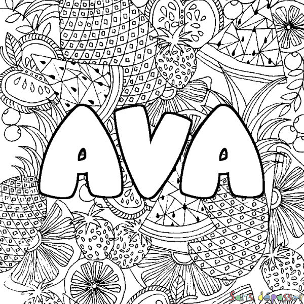 Coloriage pr&eacute;nom AVA - d&eacute;cor Mandala fruits